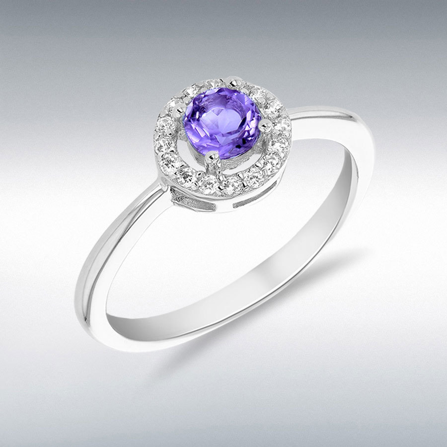 Sterling Silver Rhodium Plated Amethyst and CZ 7.5mm Halo Tapered-Shoulder Ring