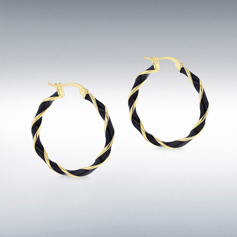 Sterling Silver Yellow Gold Plated 31mm Black Enamel Large Twister Hoop Creole Earrings