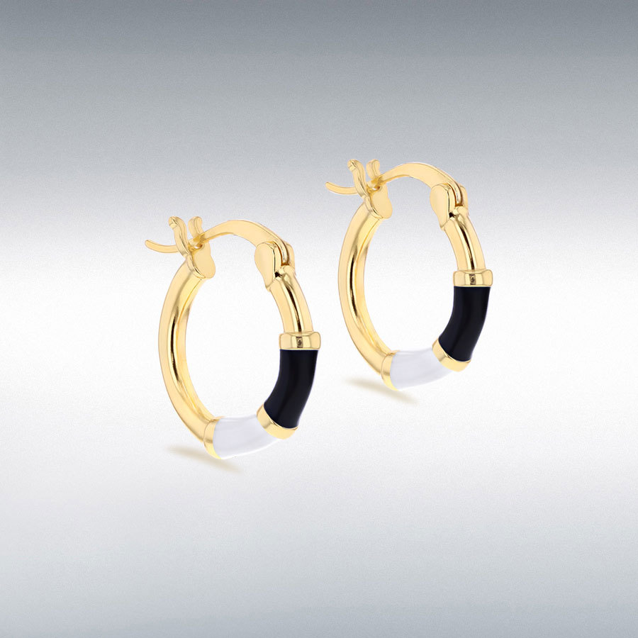 Sterling Silver Yellow Gold Plated 15mm Black and White Enamel Hoop Earrings