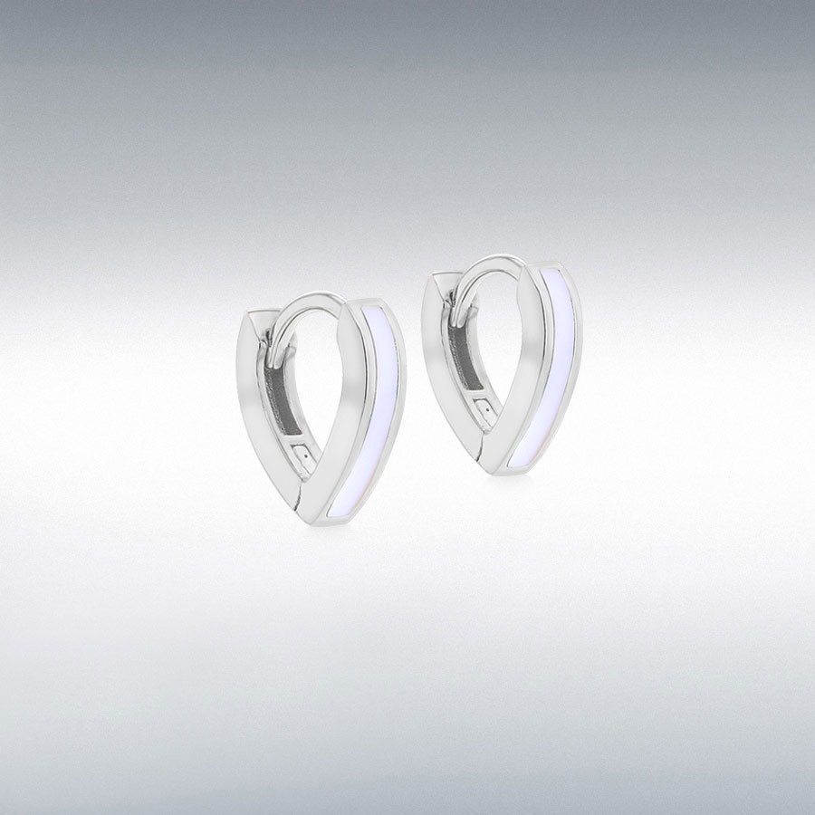 Sterling Silver Rhodium Plated White Enamel V-Shape Huggie Hoop Earrings