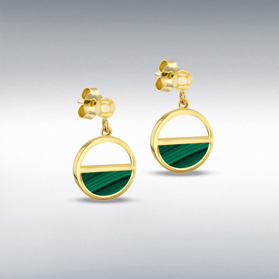 9ct Yellow Gold 12.5mm Semi Circular Malachite Drop Stud Earring