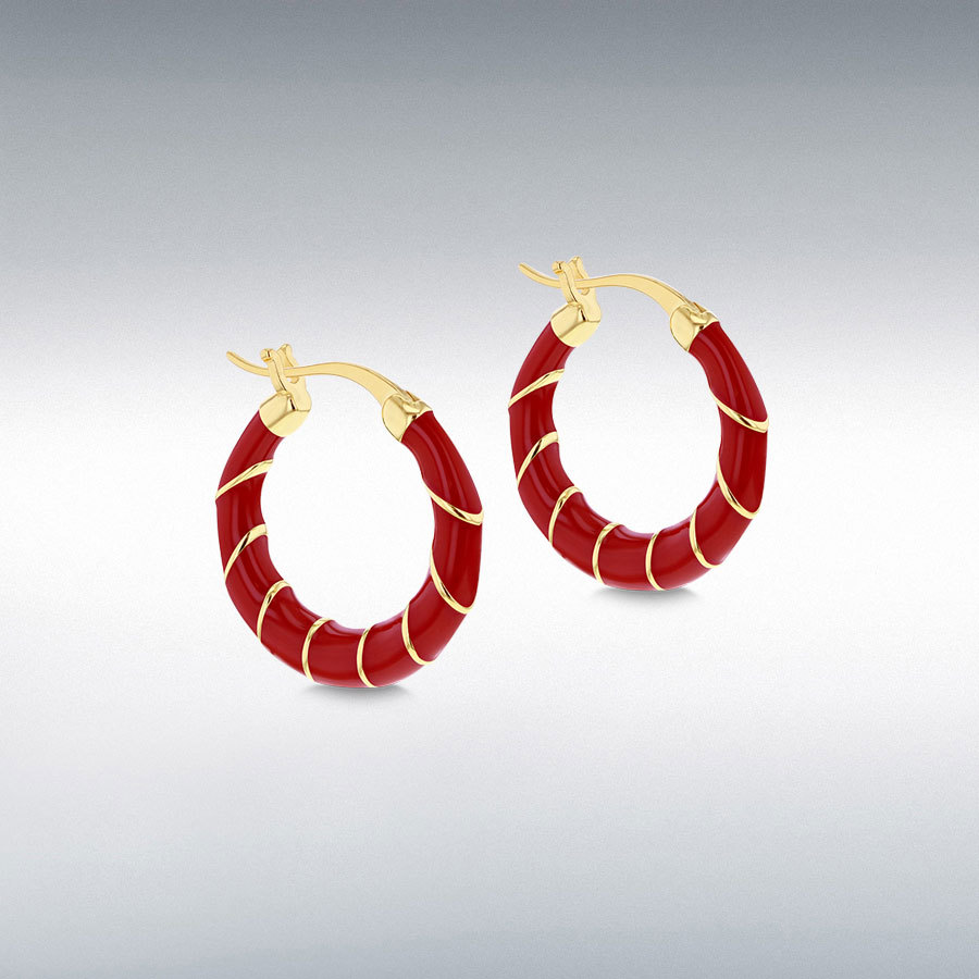 Sterling Silver Yellow Gold Plated 20mm Red Enamel Small Twister Hoop Creole Earrings