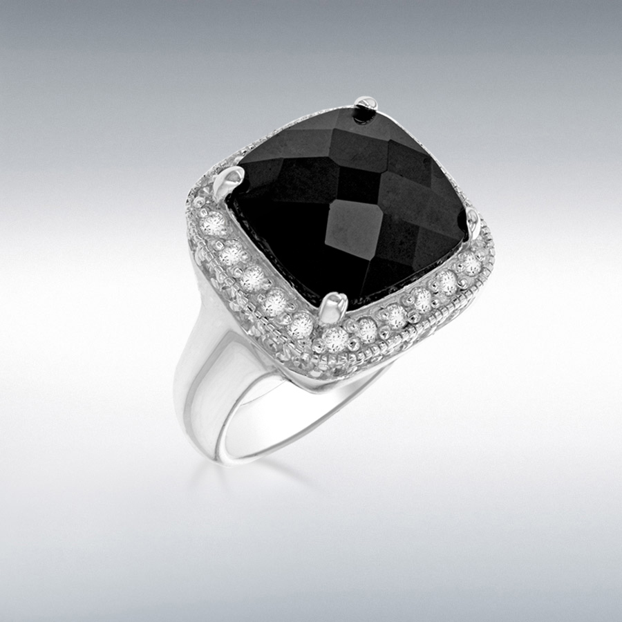 Sterling Silver Black Faceted CZ 16mm x 16mm Square Double-Halo Ring