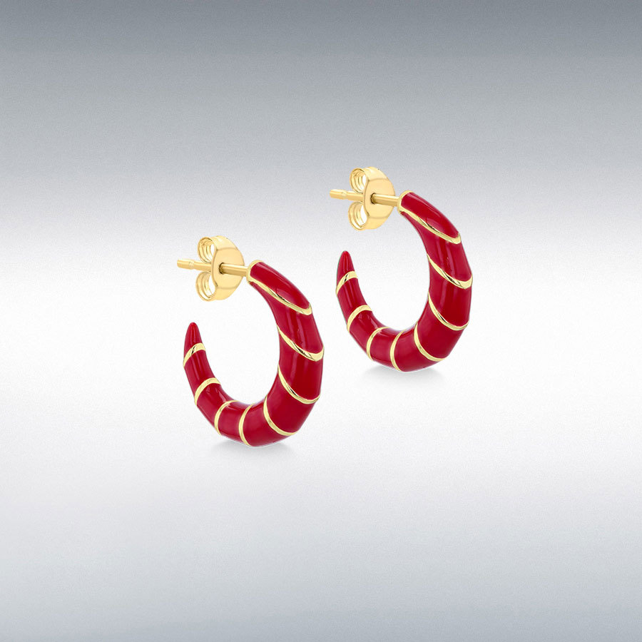 Sterling Silver Yellow Gold Plated 18.5mm Red Enamel Half Hoop Stud Earrings