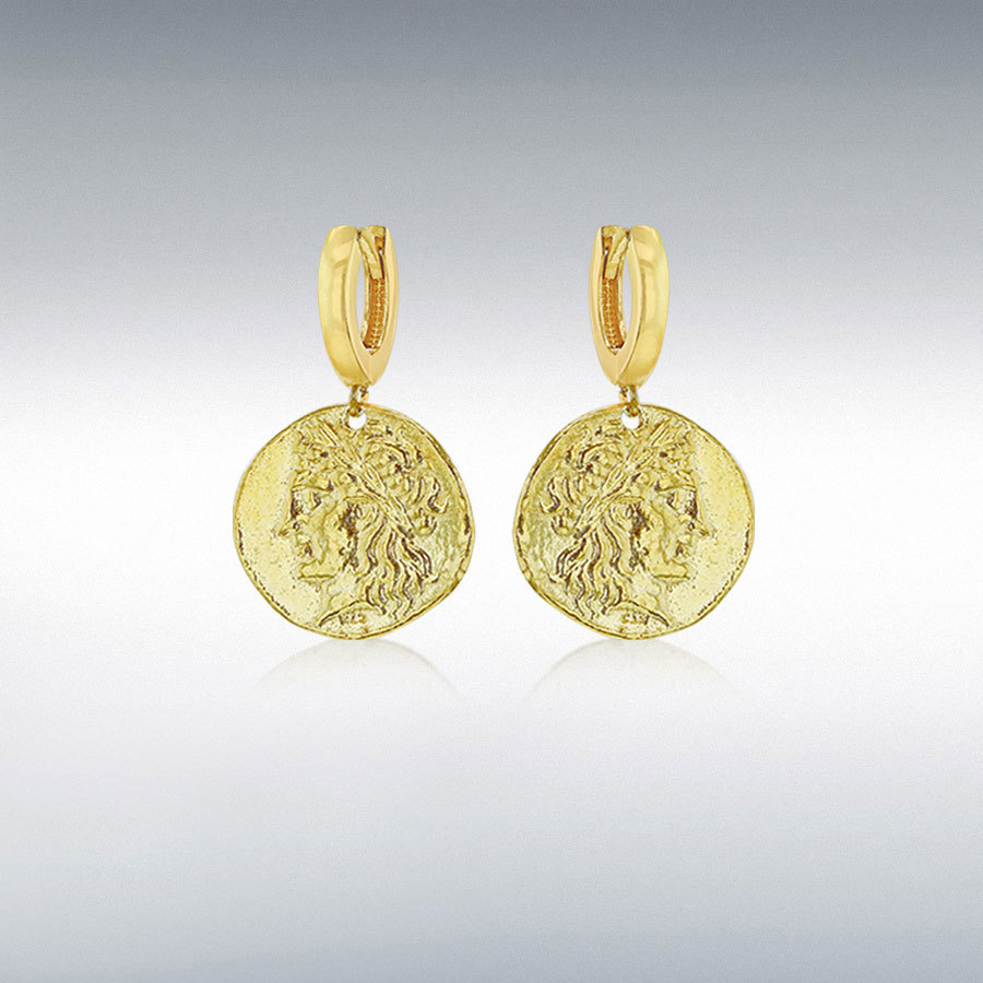 Sterling Silver Yellow Gold Plated 19mm x 30mm Reversible Roman Coin Creole Earrings