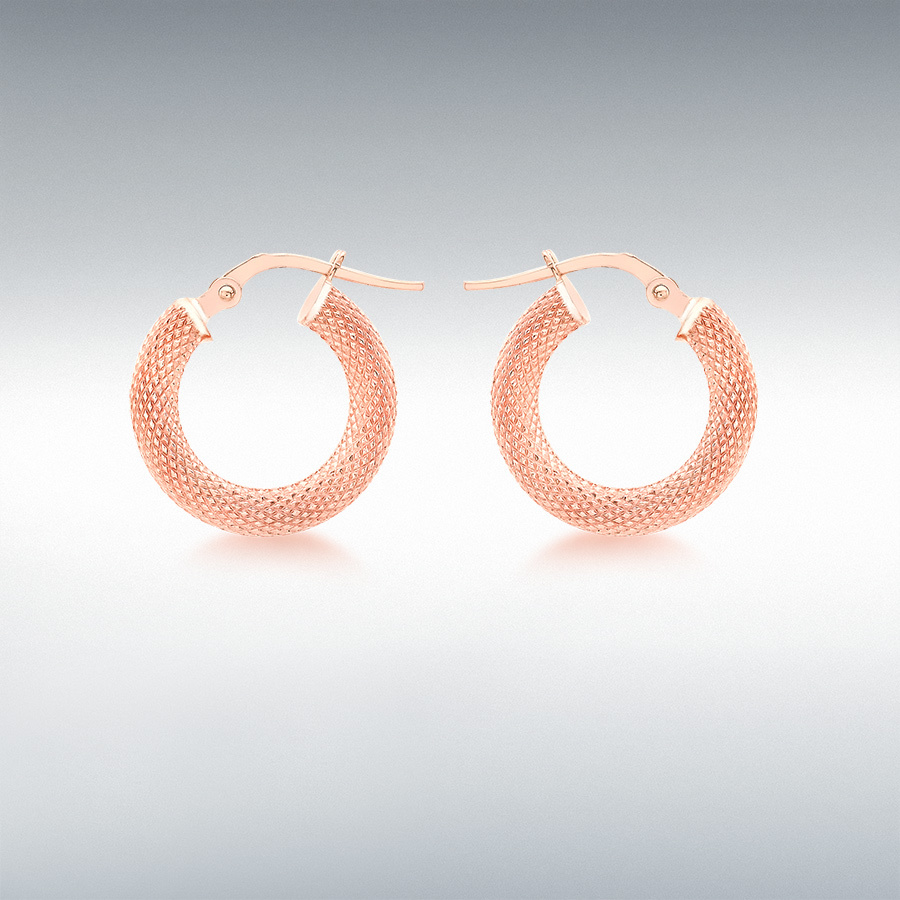 9ct Rose Gold 3mm Tube 15mm Diamond Cut Textured-Round-Hoop Creole Earrings