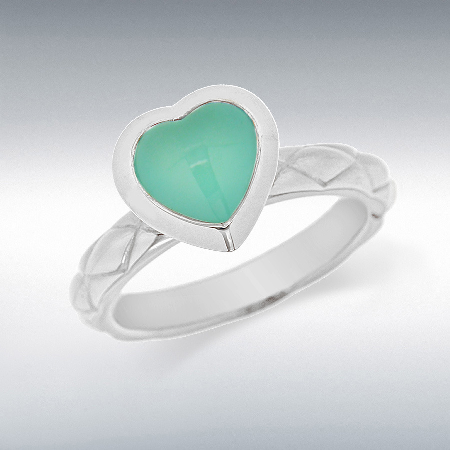 Sterling Silver Rhodium Plated Turquoise Opaque Glass Heart Patterned Stacking Ring