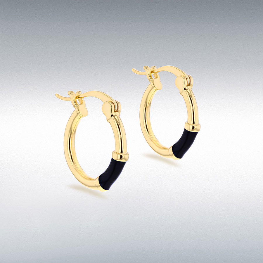 Sterling Silver Yellow Gold Plated 15mm Black Enamel Hoop Earrings