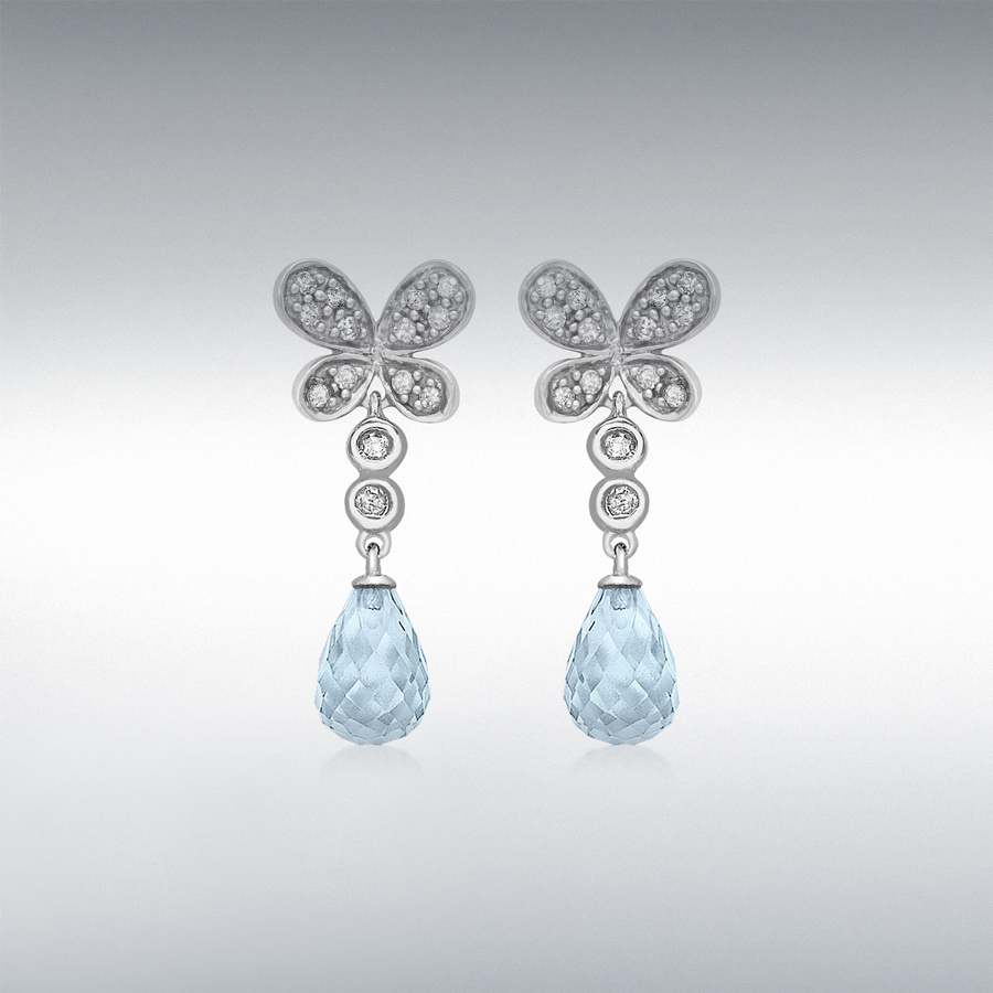 9ct White Gold 0.18ct Diamond 9mm x 21mm Butterfly and Blue Topaz Teardrop Earrings