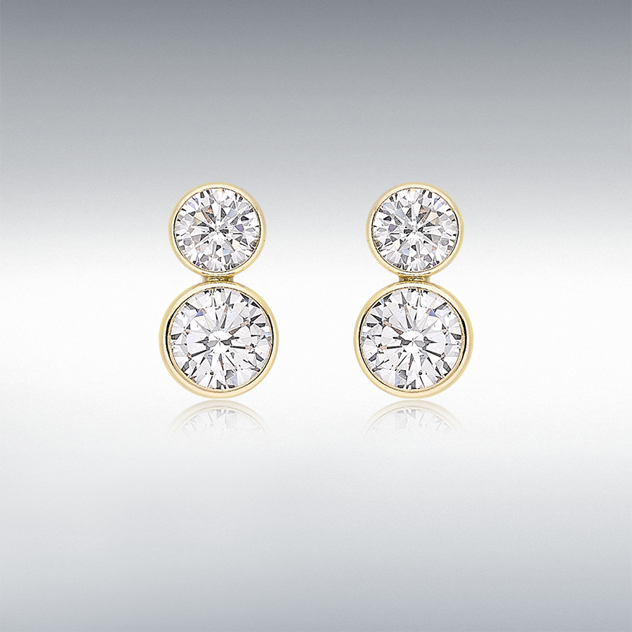 9ct Yellow Gold CZ 5mm x 10mm Graduated 2-Stone Stud Earrings