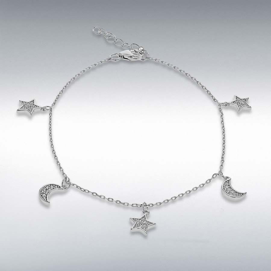 Sterling Silver Rhodium Plated 48 x 0.5mm CZ 'Moons and Stars' Adjustable Bracelet 16cm/6.25"-18cm/7