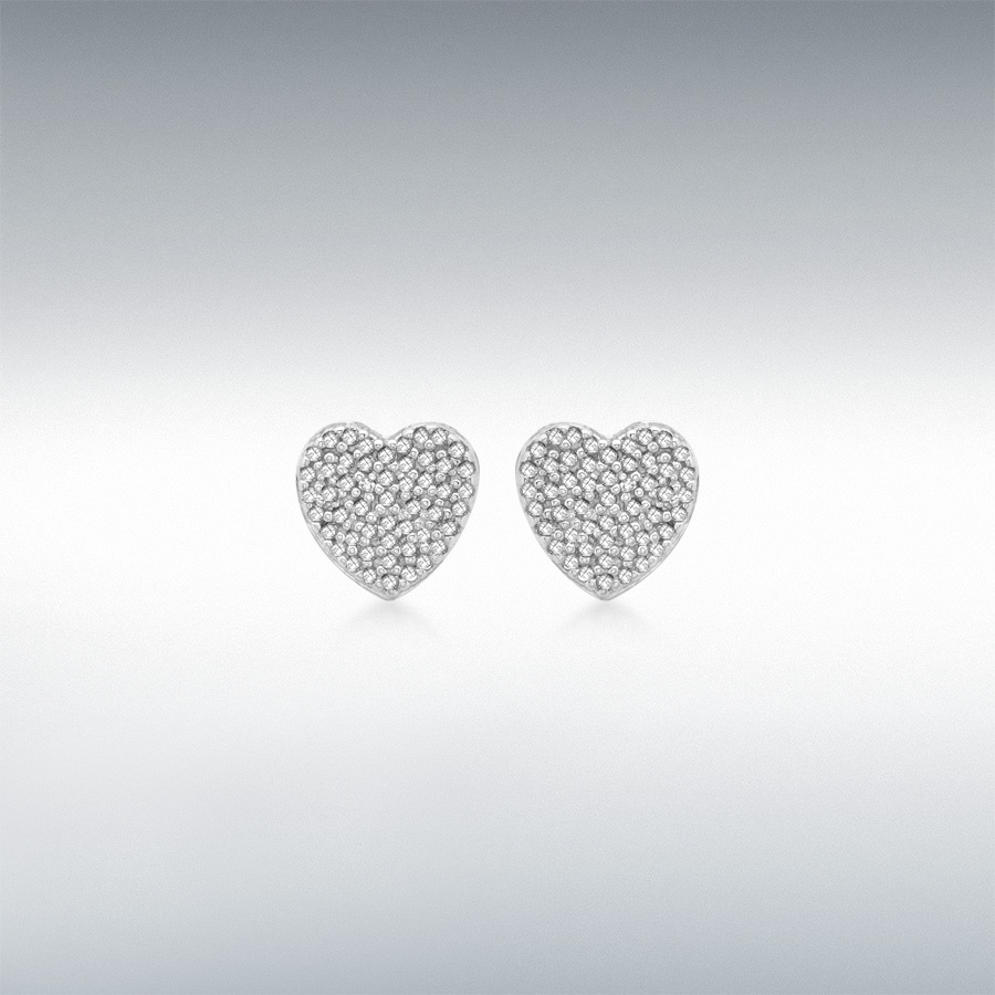 9ct White Gold 0.25ct Pave Set Diamond 9mm x 9mm Heart Stud Earrings