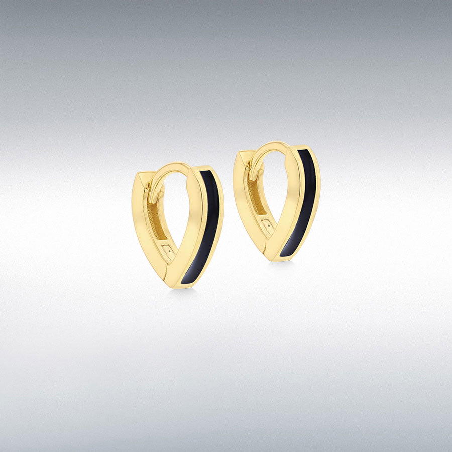 Sterling Silver Yellow Gold Plated Black Enamel V-Shape Huggie Hoop Earrings