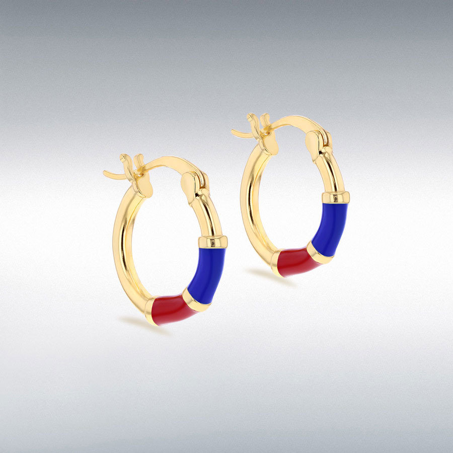 Sterling Silver Yellow Gold Plated 15mm Blue and Red Enamel Hoop Earrings