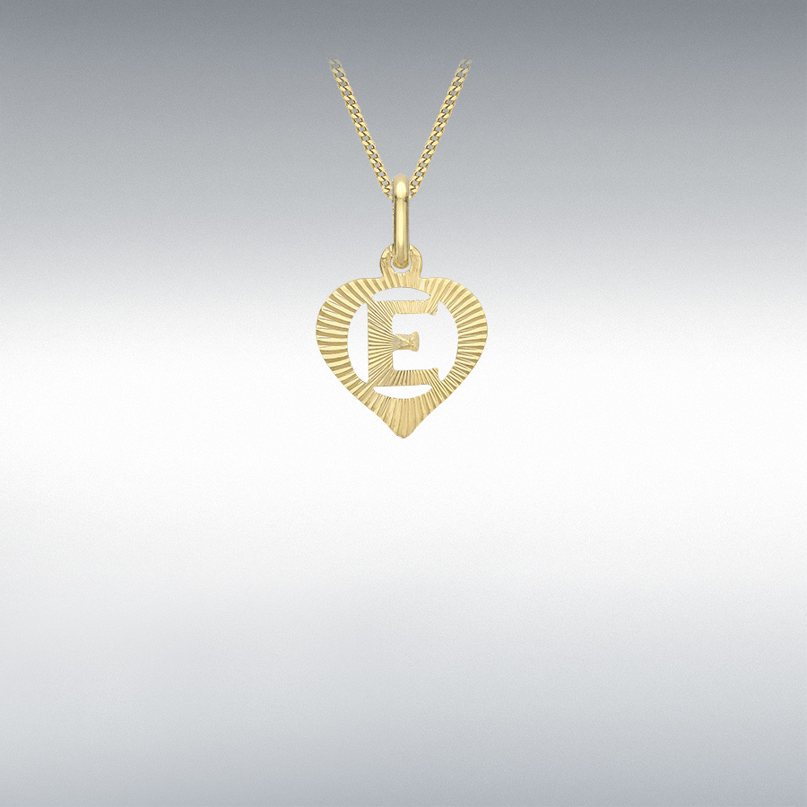 9ct Yellow Gold 10.5mm x 16.5mm Diamond Cut 'E' Initial Heart Pendant