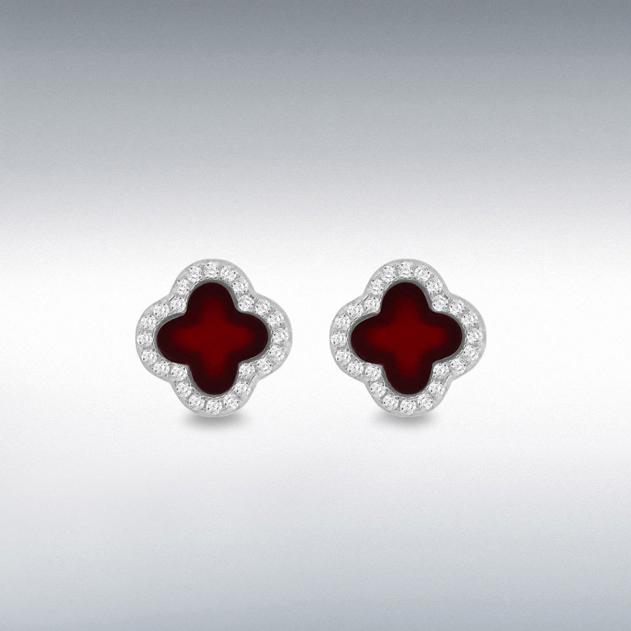 Sterling Silver Rhodium Plated 11mm Clover Red Agate and 1.1mm White CZ Stud Earring