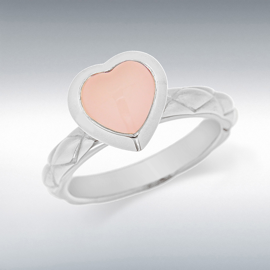 Sterling Silver Rhodium Plated Pink Opaque Glass Heart Patterned Stacking Ring