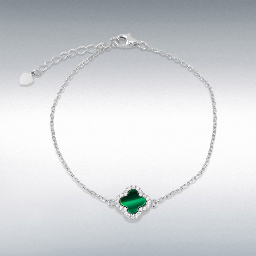 Sterling Silver Rhodium Plated 11mm Clover Malachite and 1.1mm White CZ Adjustable Bracelet 16cm/6.25" 19cm/7.5"