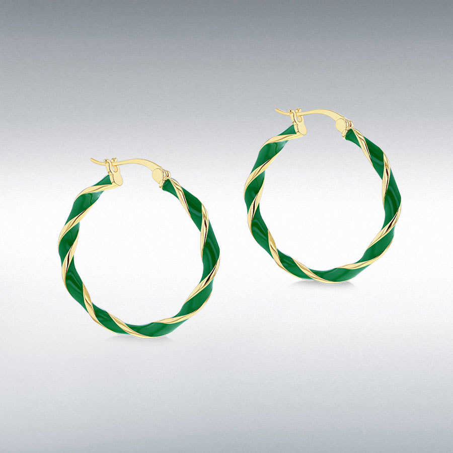 Sterling Silver Yellow Gold Plated 31mm Green Enamel Large Twister Hoop Creole Earrings