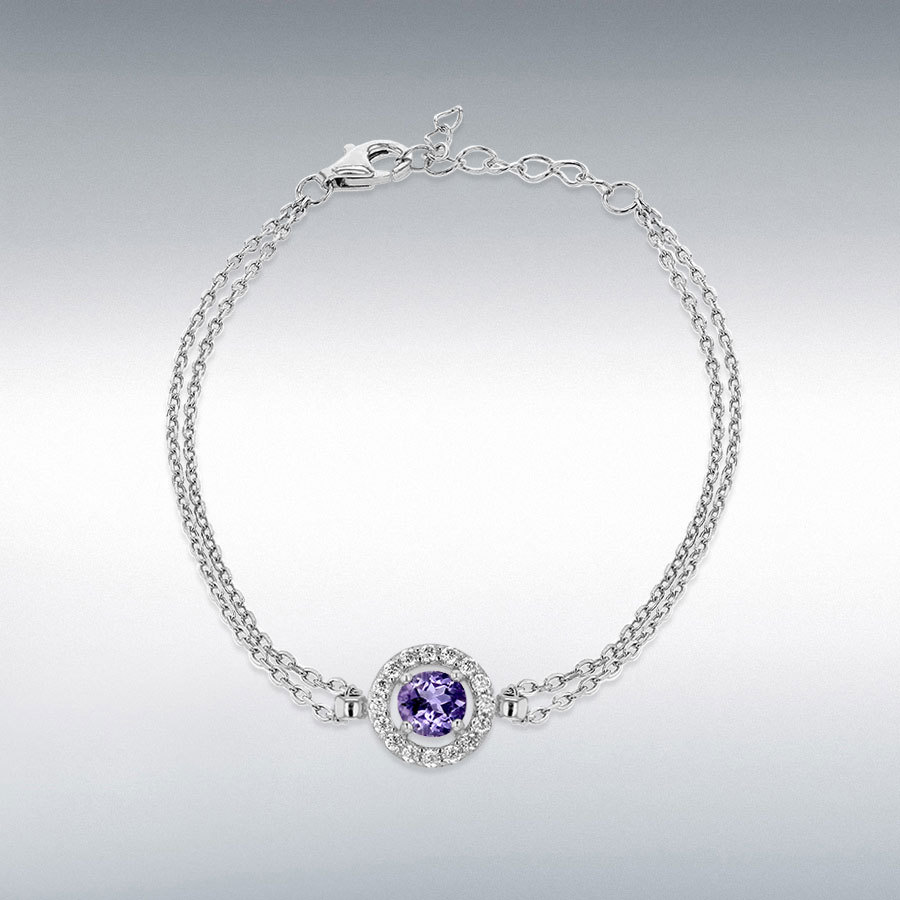 Sterling Silver Rhodium Plated Amethyst and CZ 9.5mm Halo Adjustable Bracelet 16cm/6.25"-19cm/7.5"