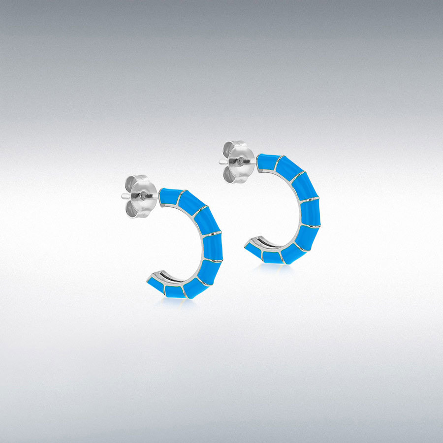 Sterling Silver Blue Enamel Half-Hoop Stud Earrings