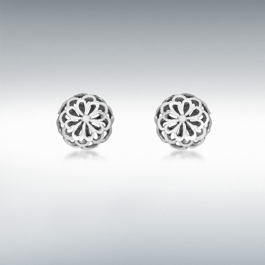 9ct White Gold 10mm Diamond Cut Filigree Dome Stud Earrings