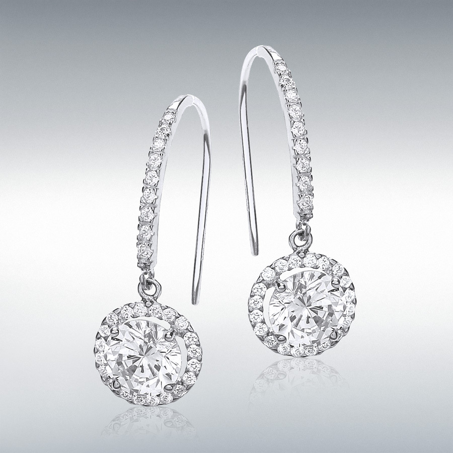 9ct White Gold Round CZ 9.5mm x 27mm Drop Earrings 