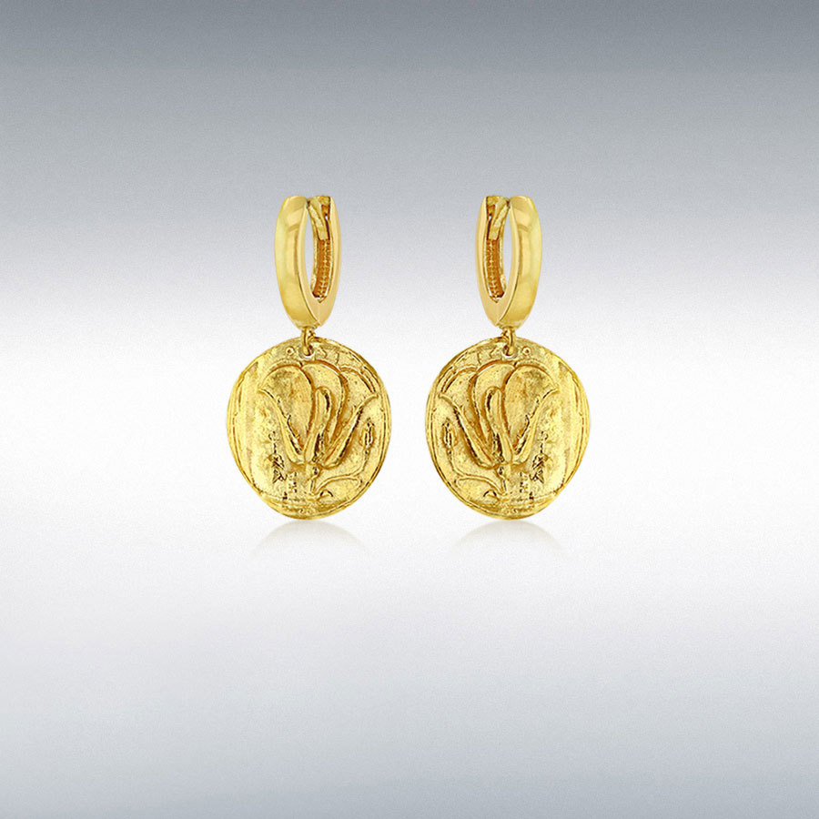 Sterling Silver Yellow Gold Plated 15.5mm x 29mm Reversible Roman Coin Creole Earrings