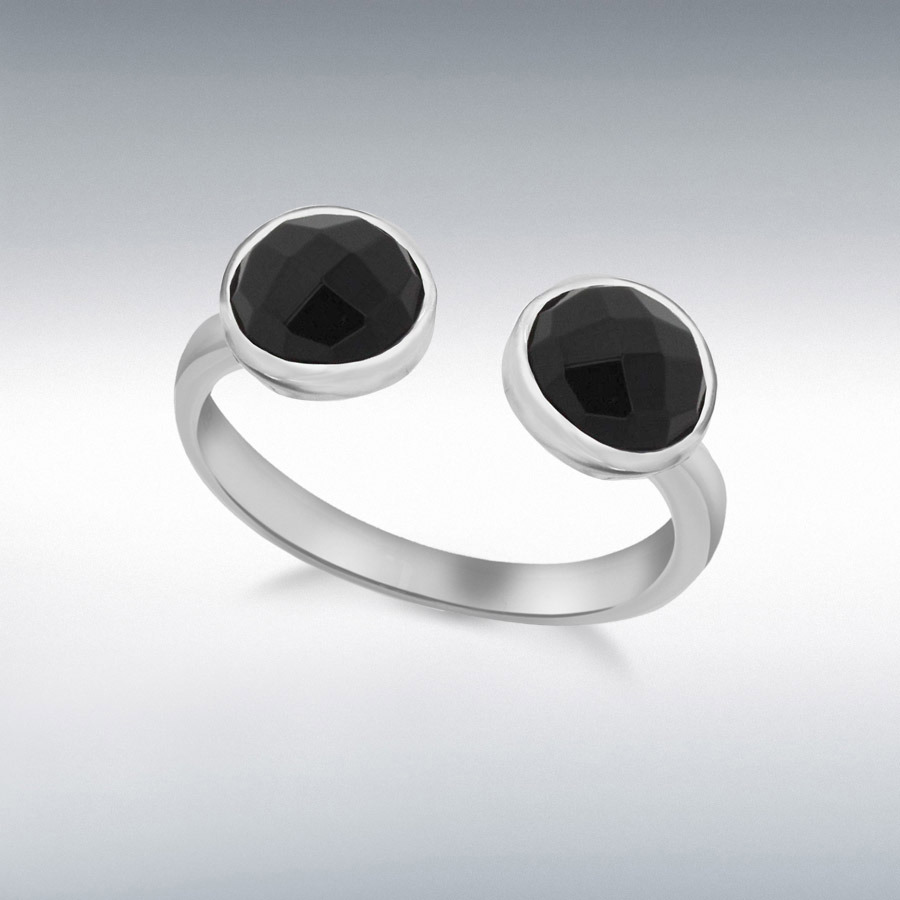 Sterling Silver Black Glass Faceted Torque Ring