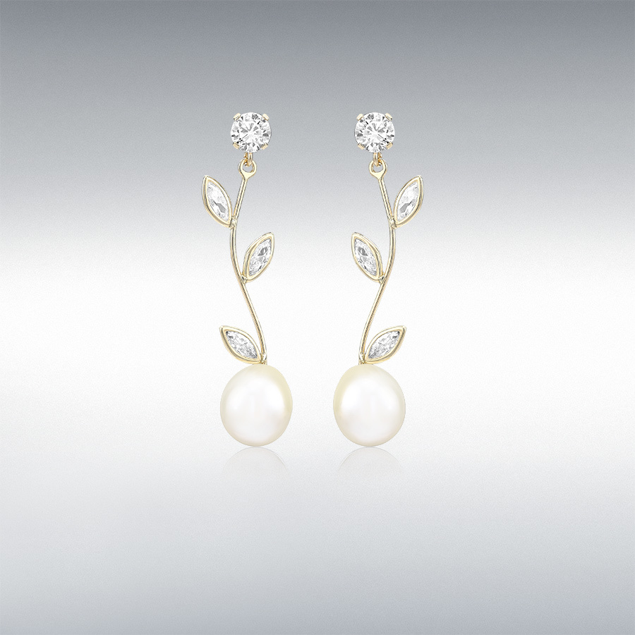 9ct Yellow Gold CZ and Freshwater Pearl 7.3mm x 33.5mm Flower-Stem Drop Earrings 