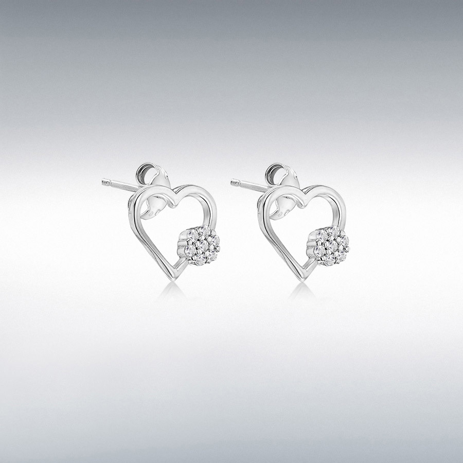 Sterling Silver Rhodium Plated CZ Cluster 10.2mm x 9.7mm Open-Heart Stud Earrings