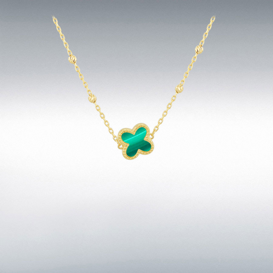 9ct Yellow Gold 9.5mm Malachite Clover DC Ball Necklet 41cm/16" -43cm/17"