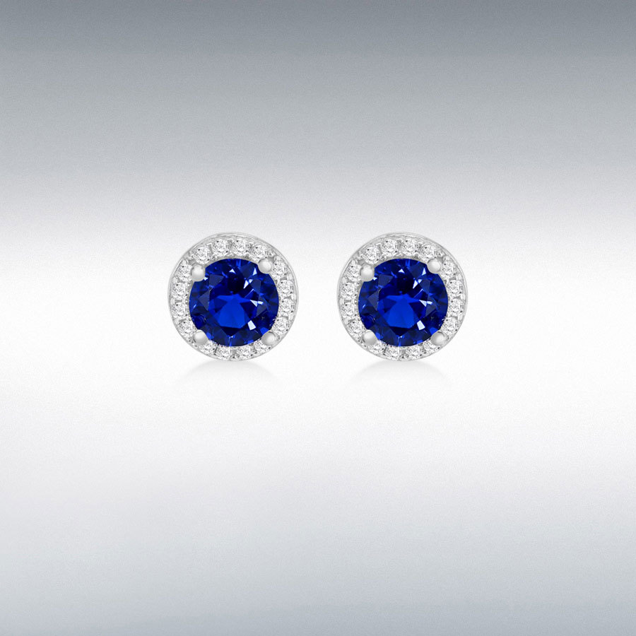 Sterling Silver Rhodium Plated Blue and White CZ Halo Stud Earrings