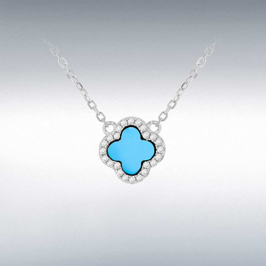 Sterling Silver Rhodium Plated 11mm Clover Syn Turquoise and 1.1mm White CZ Adjustable Necklace 40cm/15.75" 45cm/17.75"