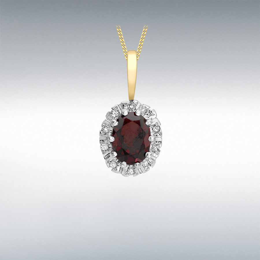 9ct Yellow Gold 0.06ct Diamond and Garnet 9mm x 17.4mm Cluster Pendant