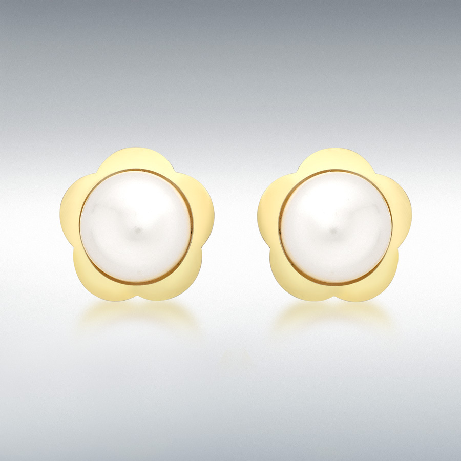 9ct Yellow Gold 8mm Freshwater Pearl 11mm Flower Stud Earrings