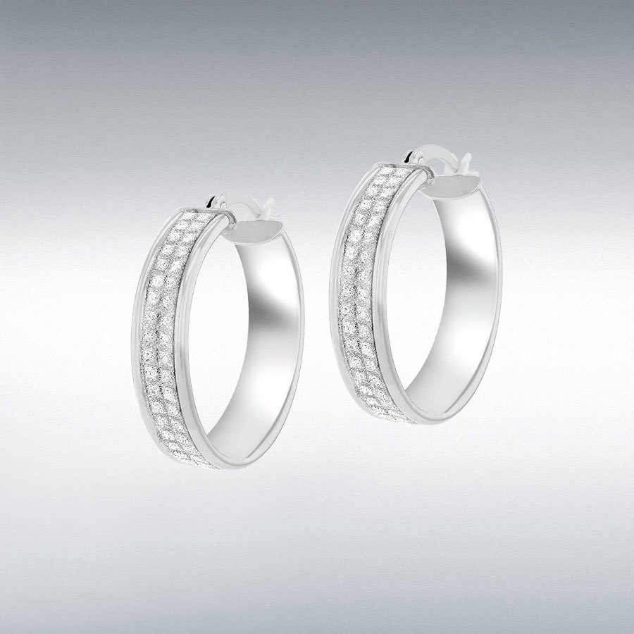 Sterling Silver Rhodium Plated  6mm x 25mm Stardust Creole Hoop Earrings