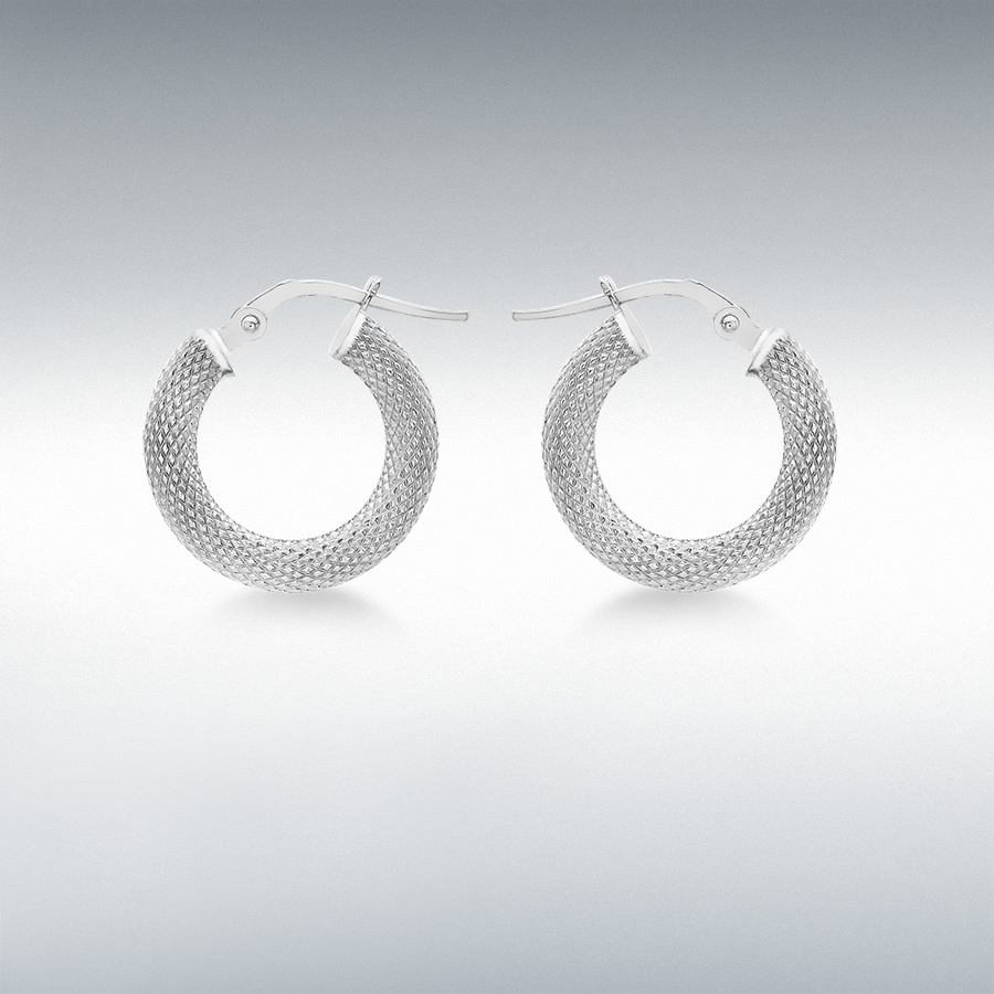 9ct White Gold 3mm Tube 15mm Diamond Cut Textured-Round-Hoop Creole Earrings