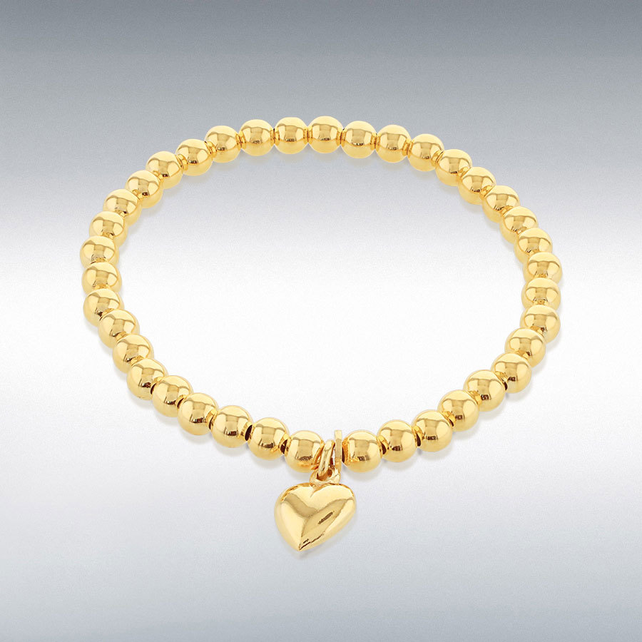 Sterling Silver Yellow Gold Plated Elastic Beads with Heart Charm Bracelet 18cm/7"