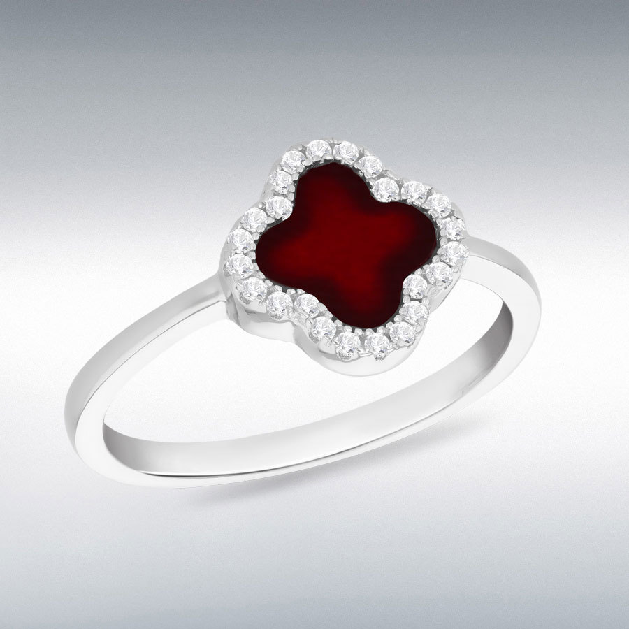 Sterling Silver Rhodium Plated 11mm Clover Red Agate and 1.1mm White CZ Ring