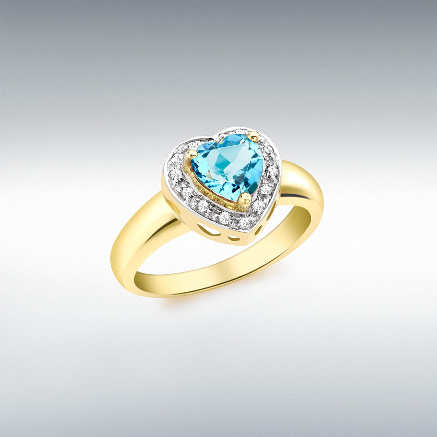 9ct Yellow Gold 0.10ct Diamond and Blue Topaz 11mm x 10mm Heart Ring