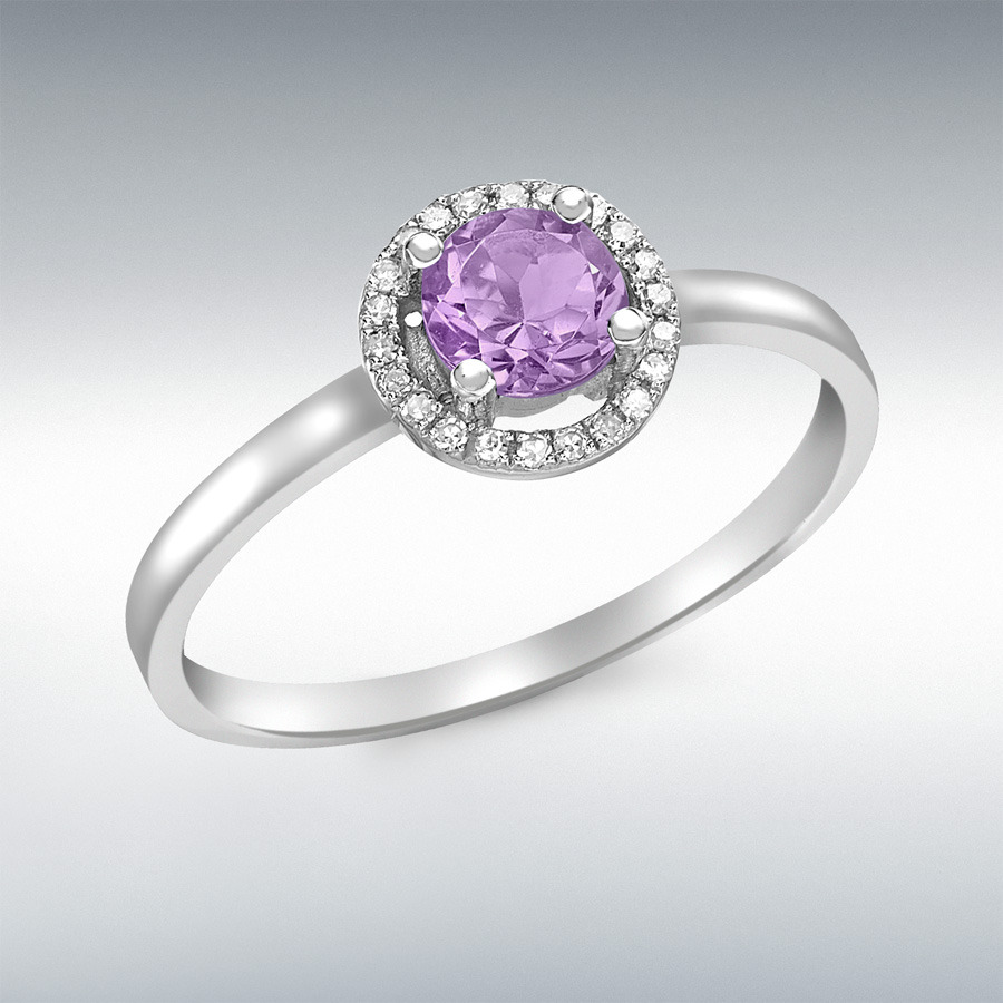 9ct White Gold 0.06ct Diamond and Round Amethyst Ring