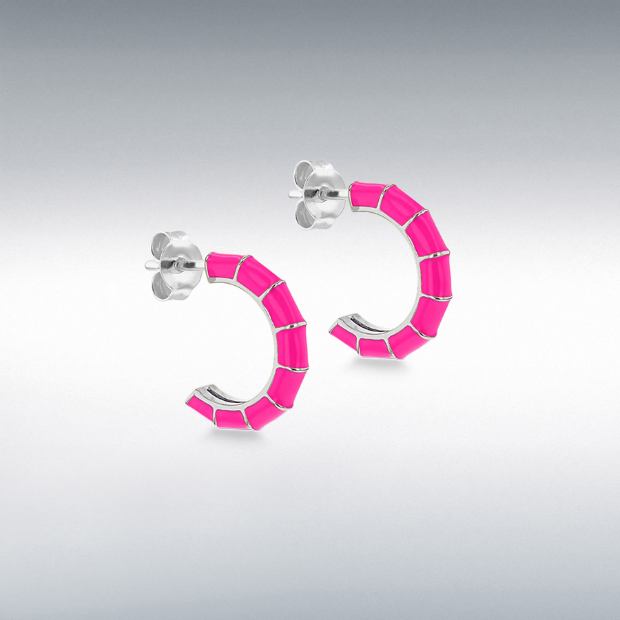 Sterling Silver Rhodium Plated 3mm x 16.5mm Pink Enamel Half-Hoop Stud Earrings