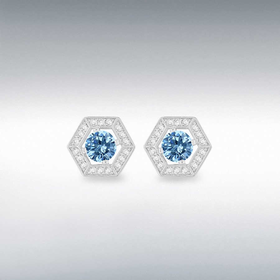 Sterling Silver Rhodium Plated 11mm x 9.5mm Round Small White CZ Halo Hexagon with 5mm Round Light Blue CZ Stud Earrings