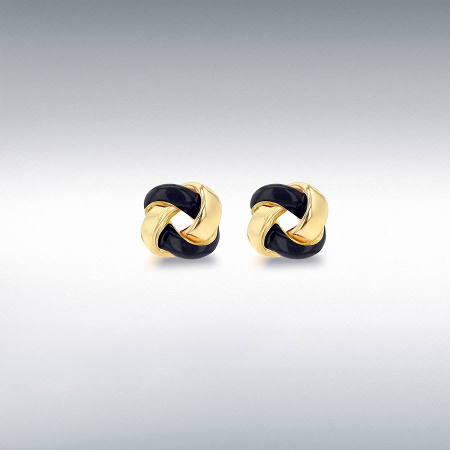 Sterling Silver Yellow Gold Plated 7.5mm Black Enamel Small Knot Stud Earrings