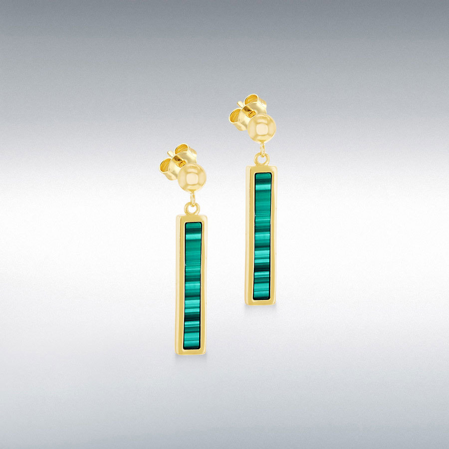 9ct Yellow Gold 4mm x 19mm Malachite Bar  Drop Stud Earrings