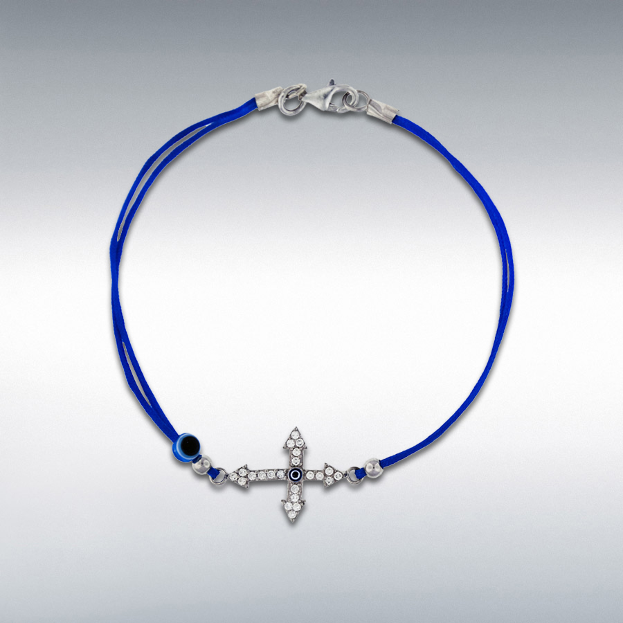 Sterling Silver White CZ 17mm x 14mm Cross and Bead Blue Cord Bracelet 18cm/7