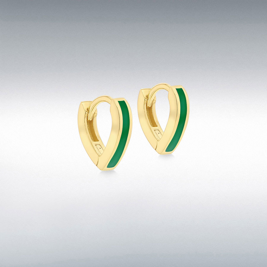 Sterling Silver Yellow Gold Plated Green Enamel V-Shape Huggie Hoop Earrings