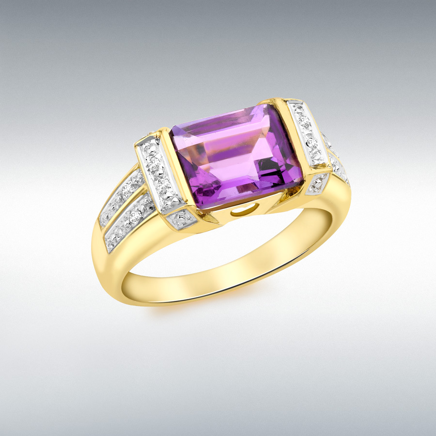 9ct Yellow Gold 0.04ct Diamond and Amethyst Ring