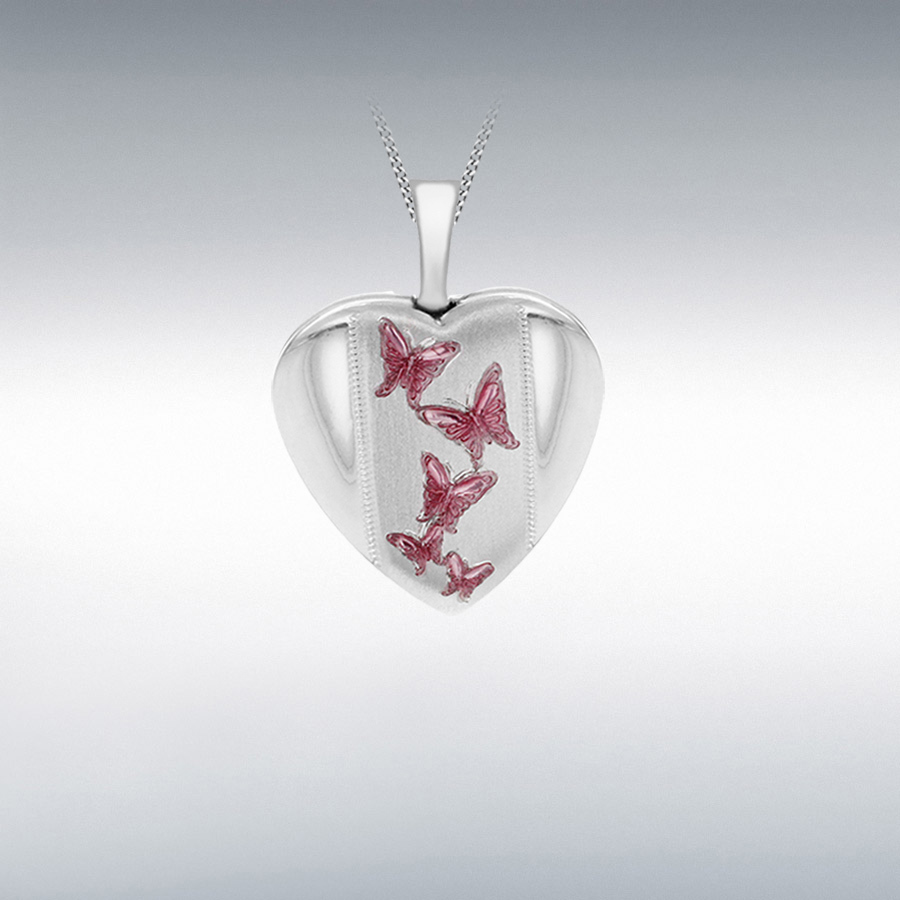 Sterling Silver 16mm x 21mm Pink Butterflies Heart Locket